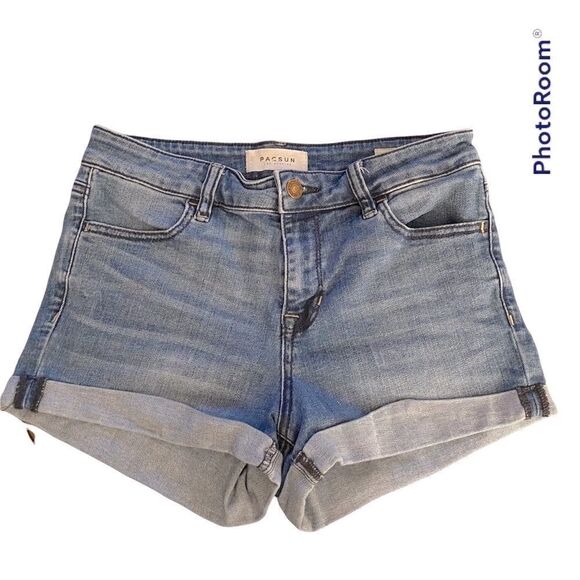 PacSun Juniors Sz 3 XS High Rise Super Stretch Shortie Medium Blue Cuffed Shorts - Picture 1 of 4